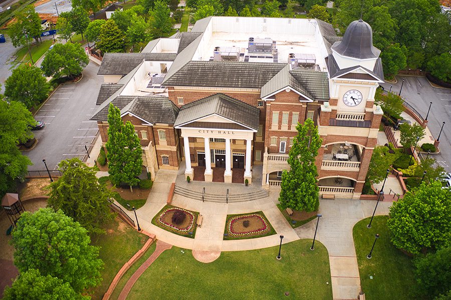 Contact - Aerial View of City Town Hall Building in Duluth, GA